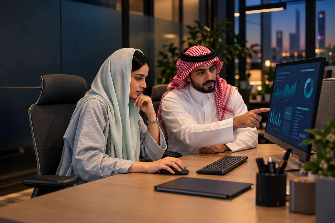 عضوان من فريق مراقبة الإنترنت يعملان معًا داخل المكتب