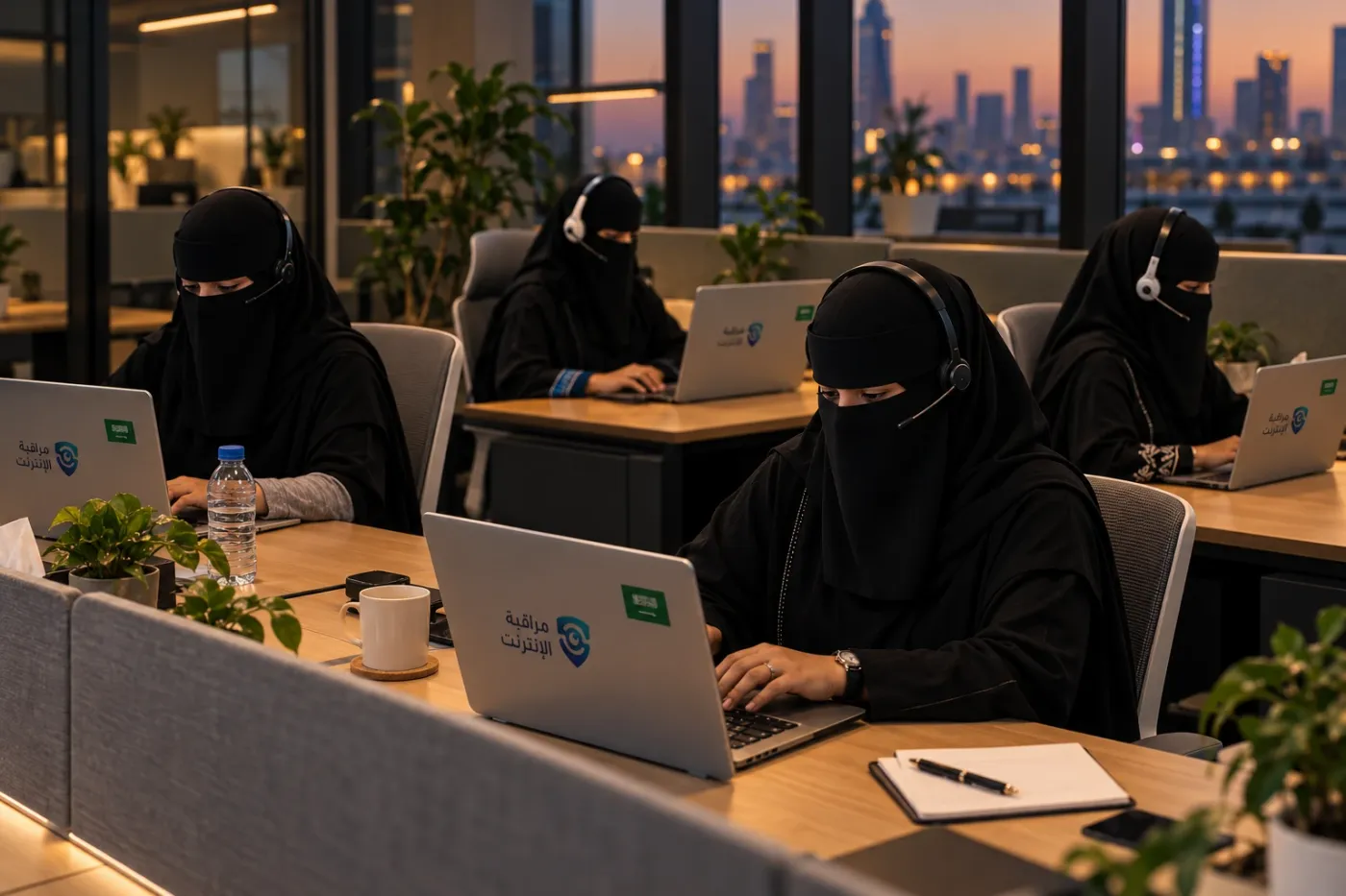 مختصات من فريق مراقبة الإنترنت يعملن في غرفة المتابعة